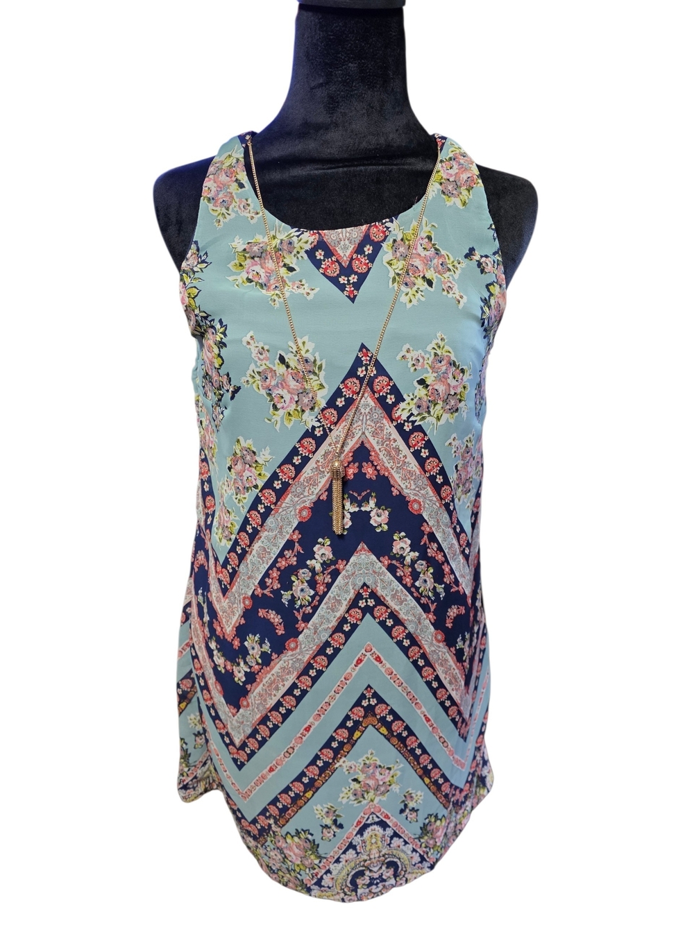 Iz Byer Floral Chevron Tank Top - Aqua, Navy & Pink